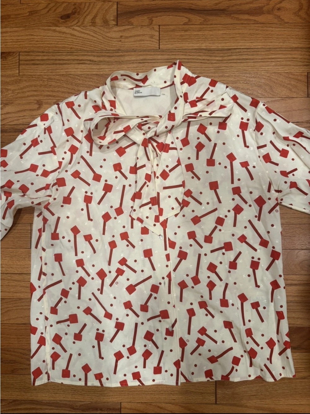 Tory Burch Ivory Blouse with Red Geometric Print and Bow Neck